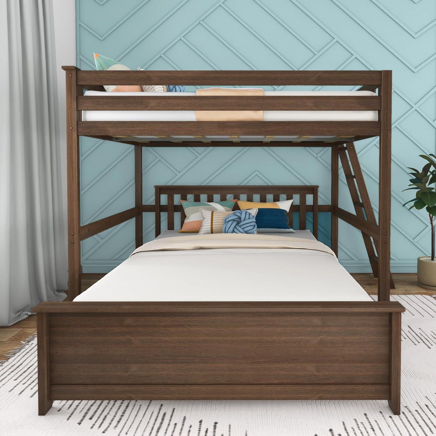 Max & Lily Bunk Bed, L Shaped Full-Over-Queen Bed Frame for Kids with Ladder on End, Solid Wood Bunk Bed for Kids, No Box Spring Needed, Walnut