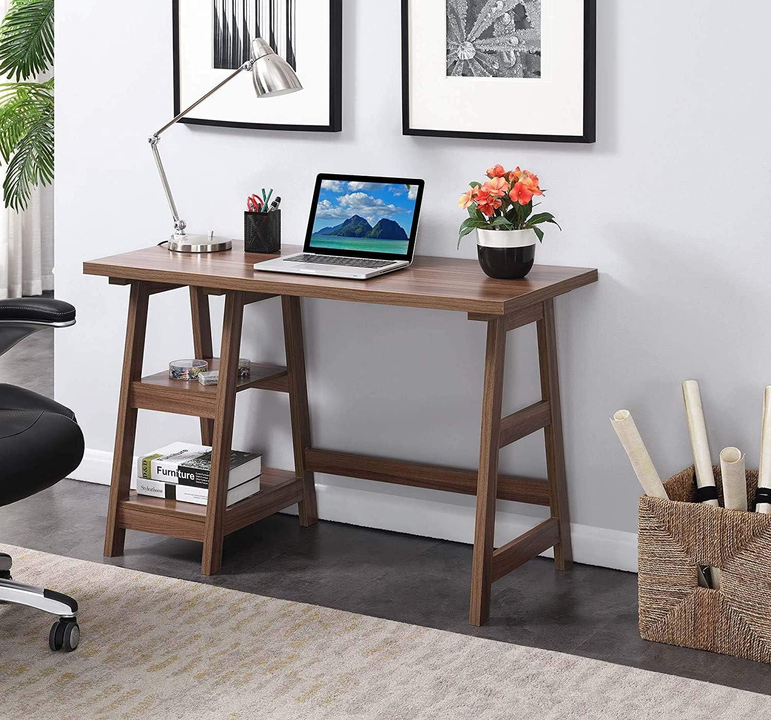 Cappuccino Wood Trestle Desk with Shelves, 47"