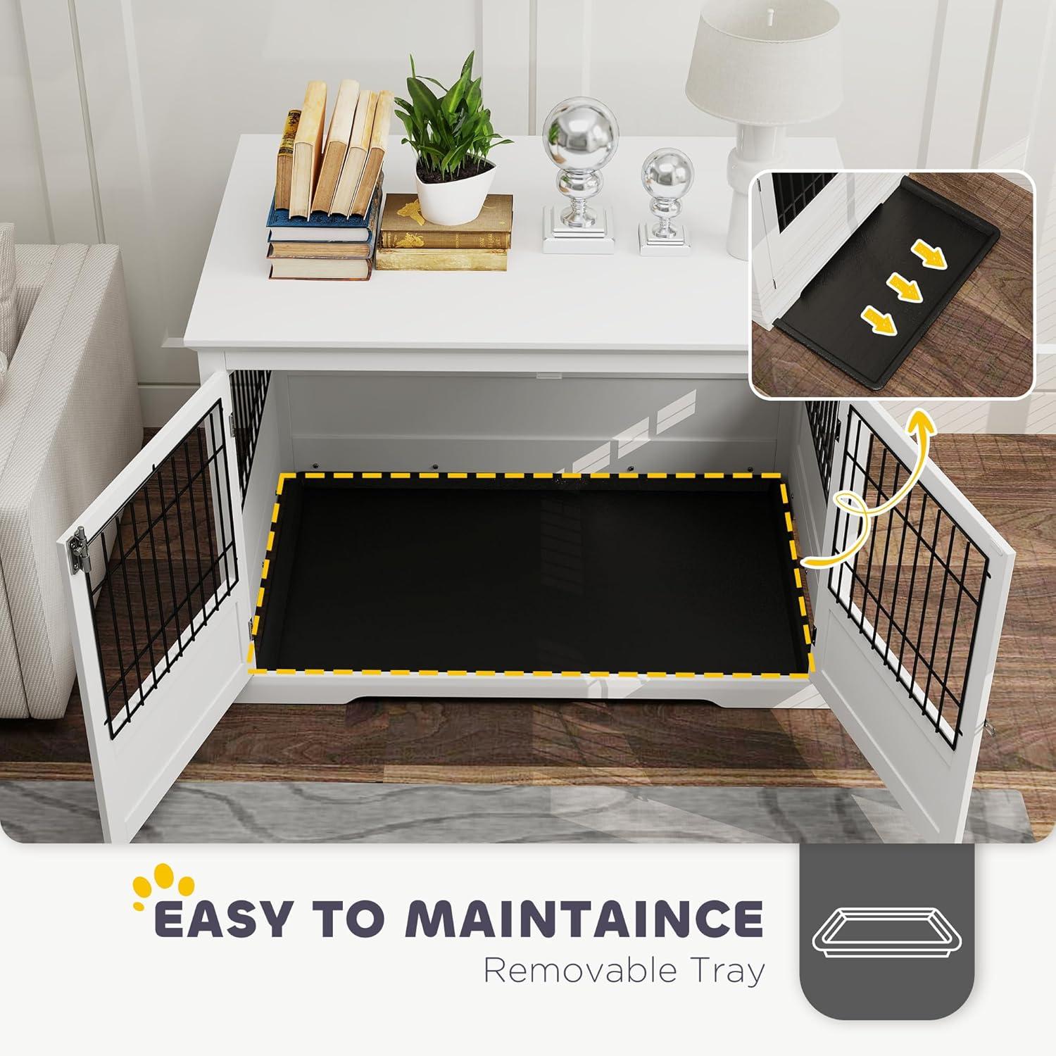 PawHut Dog Crate Furniture, 43" Dog Kennel End Table with 3 Doors, Removable Tray, for Extra Large Medium Small Dogs, Indoor Use, White