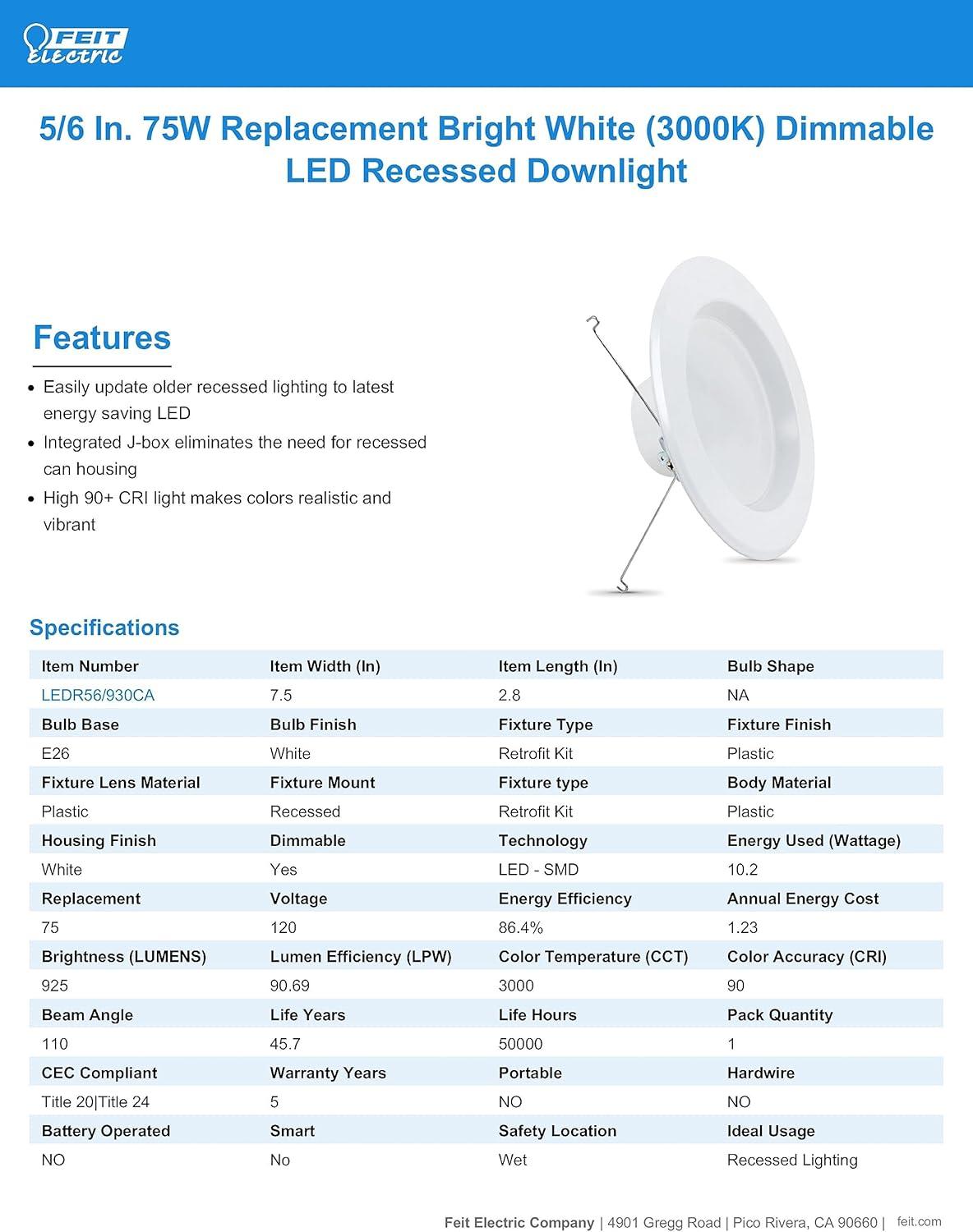 Feit Electric Enhance Bright White 5-6 in. W LED Dimmable Recessed Downlight 10.2 W