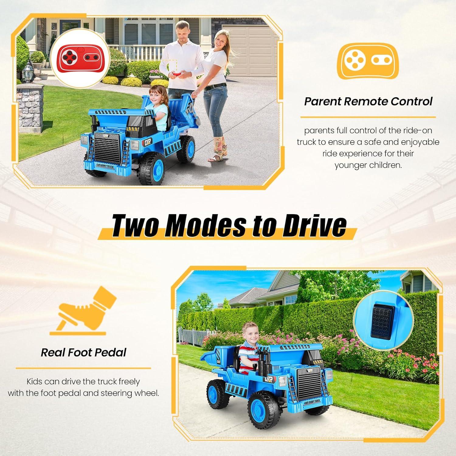 Jojoka Ride on Dump Truck for Kids, 12V Ride on Car with Electric Dump Bed, Remote Control and Extra Shovel, Ride on Construction Vehicle with USB, MP3, Music Player, Battery Indicator (Blue)