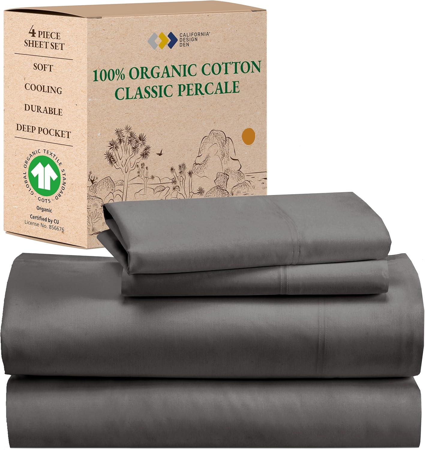 California Design Den  Bed Sheets Set - 100% Organic Cotton Percale, Deep Pocket, GOTS Certified