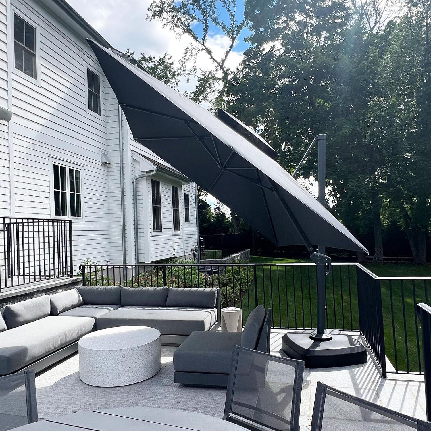 PURPLE LEAF 10' X 13' Patio Umbrella, Rectangle Outdoor Cantilever Umbrella, Aluminum Offset Umbrella with Champagne Frame and 360° Rotation for Pool Deck Garden, Grey