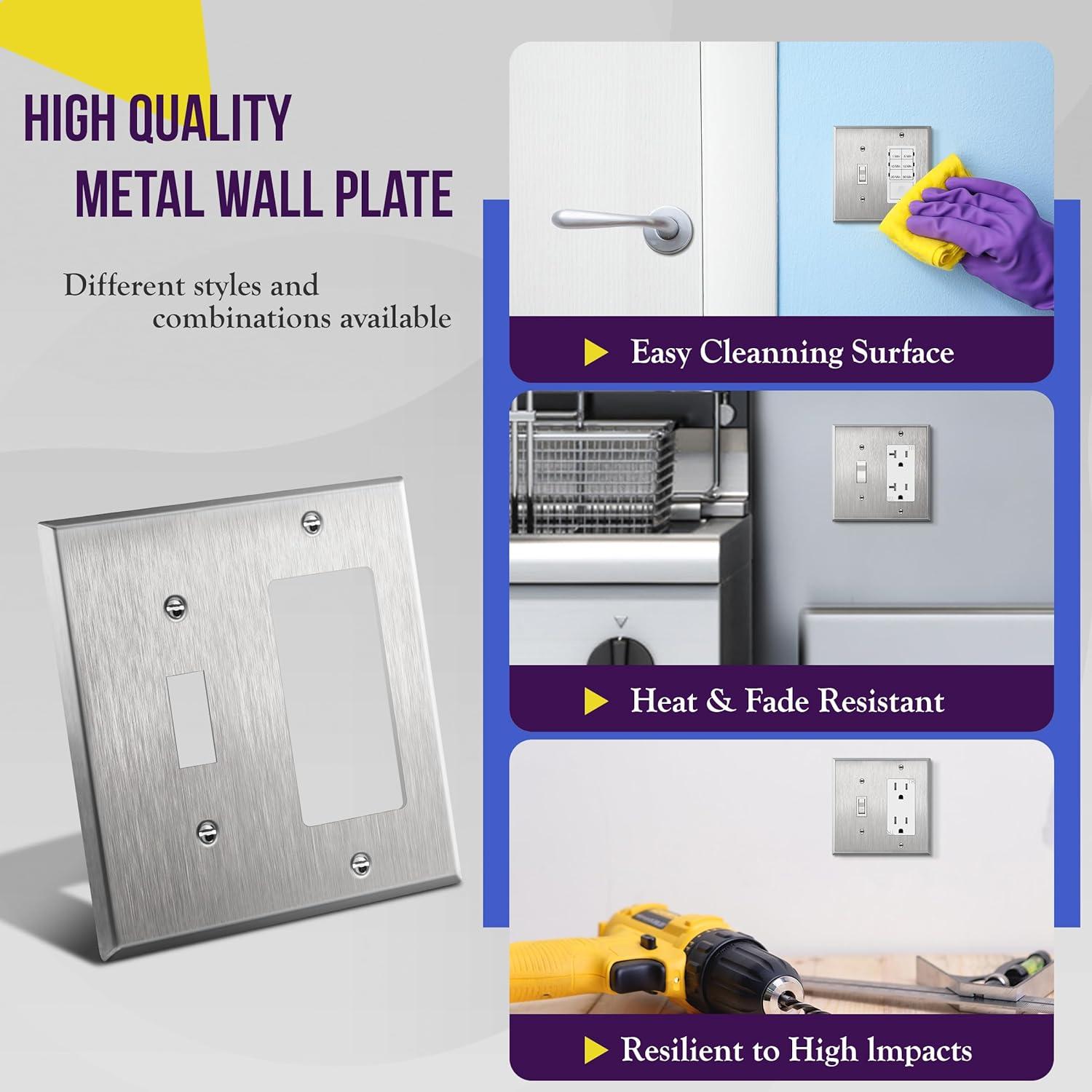 ENERLITES Combination Toggle and Decorator Switch Metal Wall Plate, Stainless Steel, Corrosion Resistant, Standard Size 2-Gang, 771131, Silver