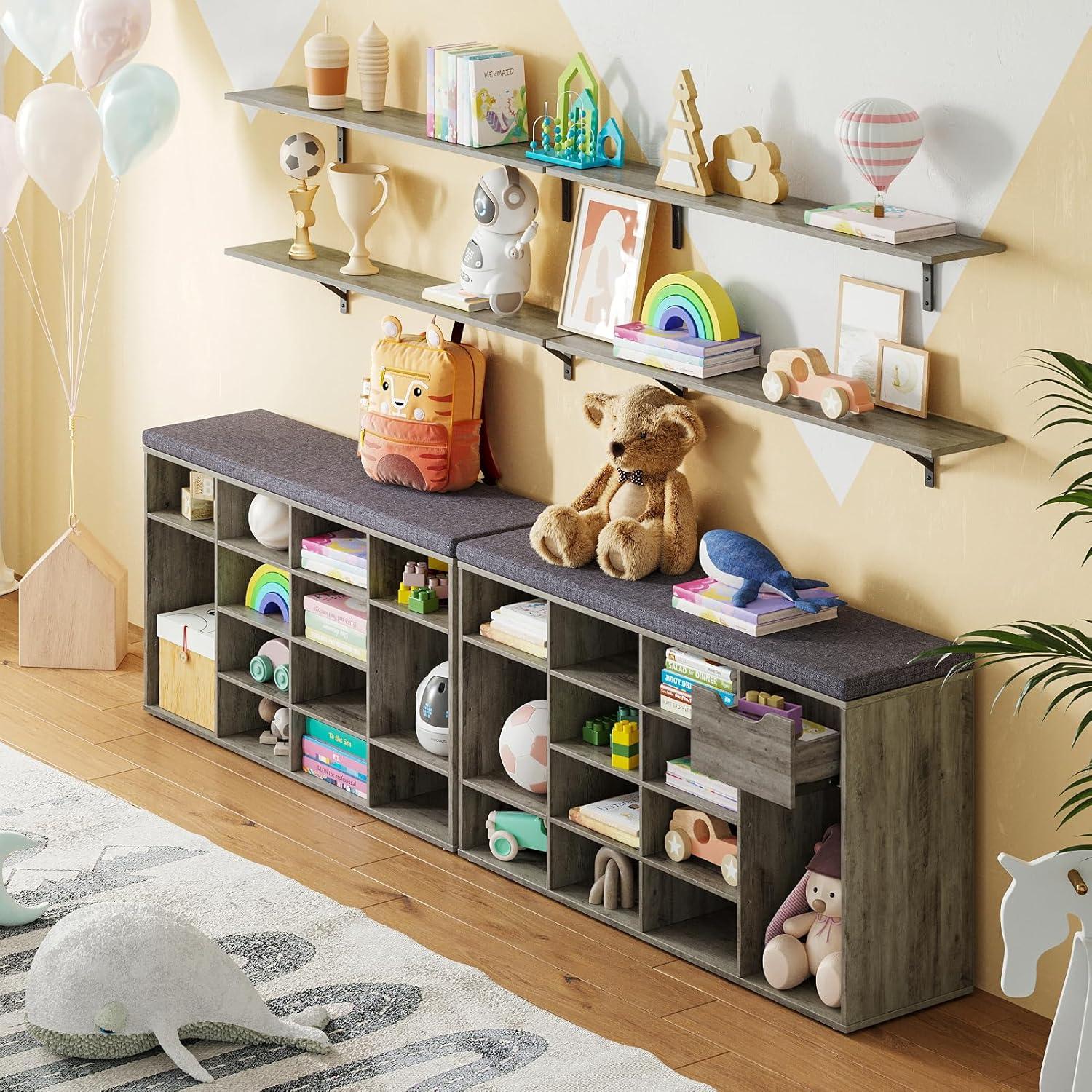 Shoe Rack Bench with Cushion 15-Cube Storage Bench Storage Cabinet for Entryway Espresso