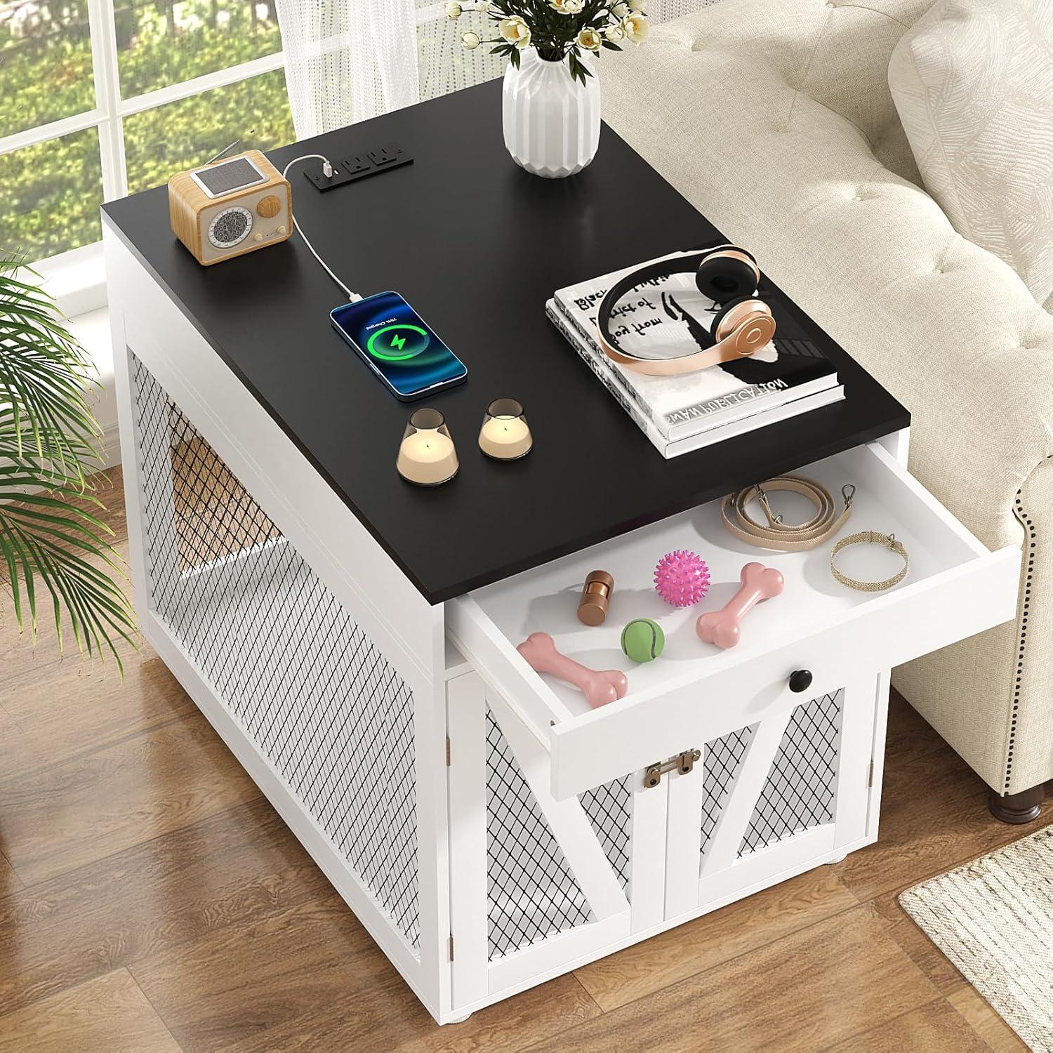 Tucker Murphy Pet™ Dog Crate Furniture, Wooden Dog Kennel End Table with USB Charging Station, Storage Drawer, Double Latched Door, Farmhouse Furniture-Style Crate Side Table for Dogs Under 40 lbs, Indoor Use