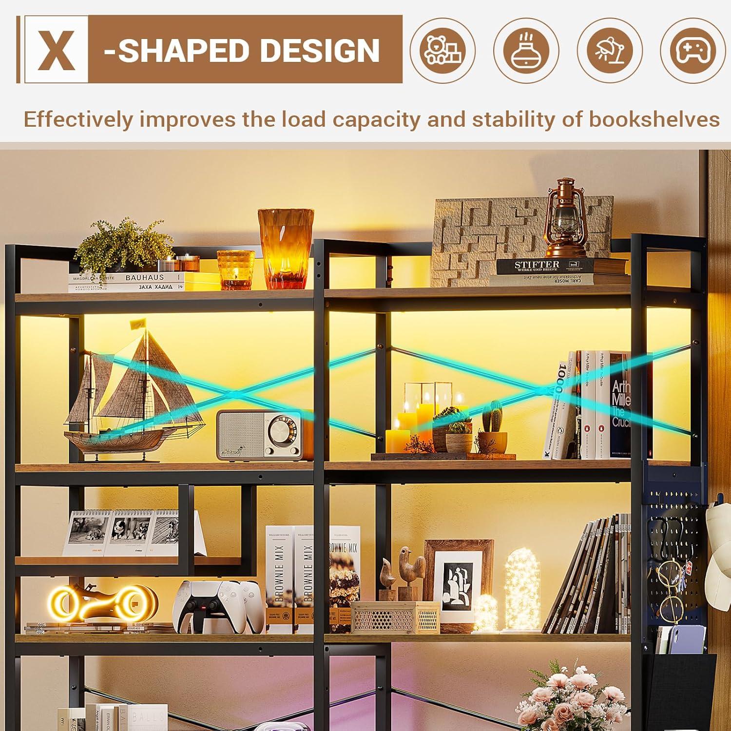 5-Tier Book Shelf with LED Light, 63" Reversible Storage Shelves, Corner Bookshelf with Storage Bag and Pegboard, Black