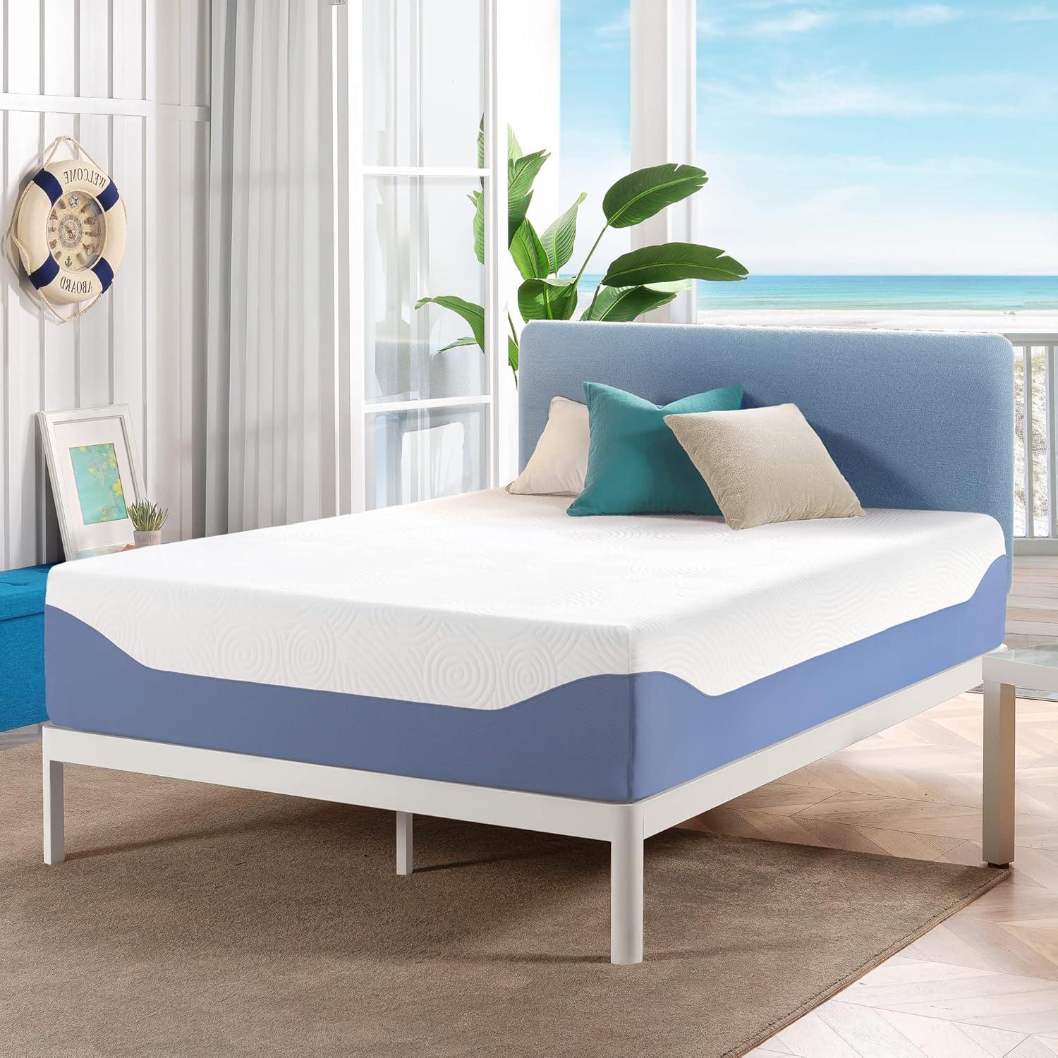 Queen 14-Inch White and Blue Gel Memory Foam Mattress