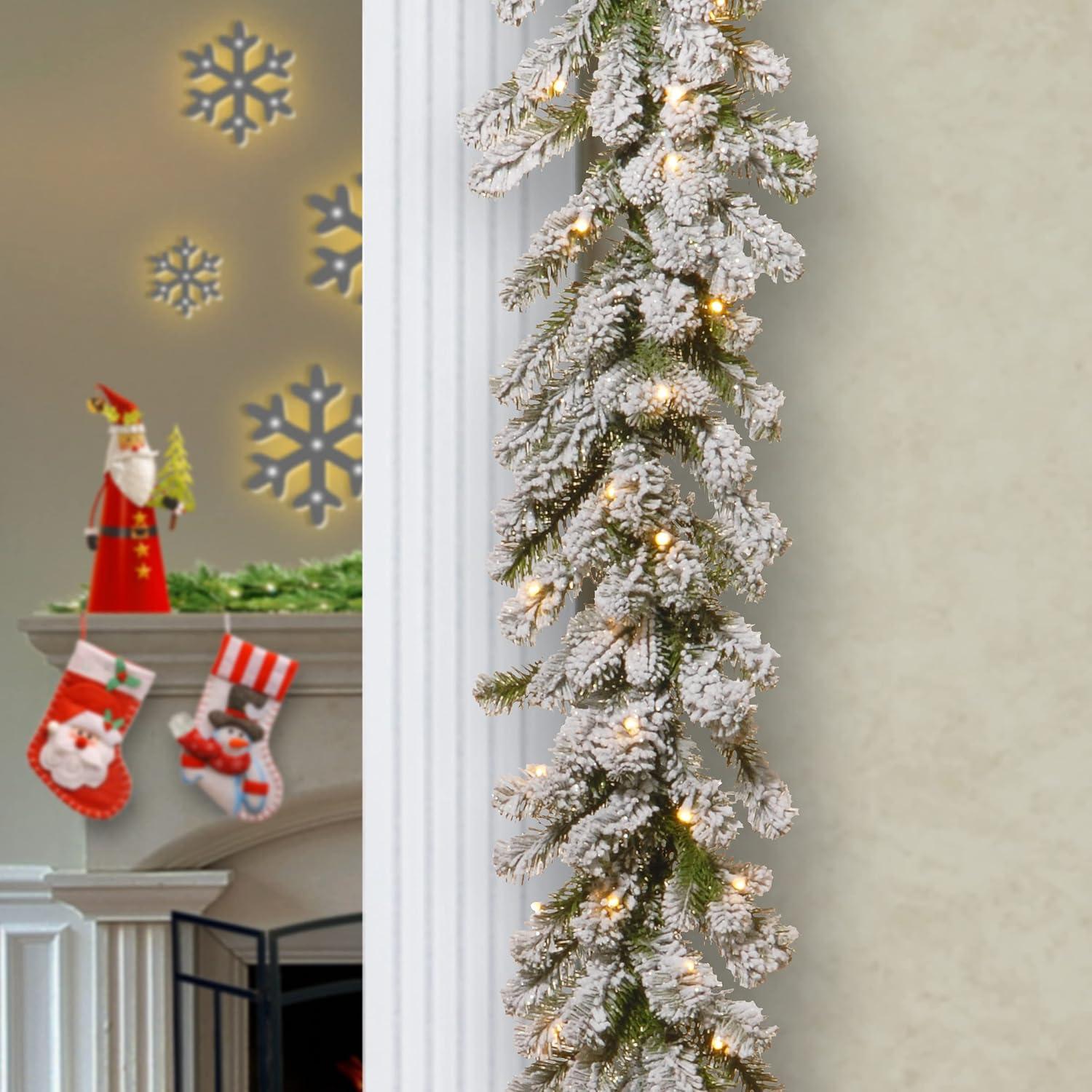 National Tree Company Pre-Lit 'Feel Real' Artificial Christmas Garland, Green, Sheffield Spruce, White Lights, With Frosted Branches, Plug In,9 Feet