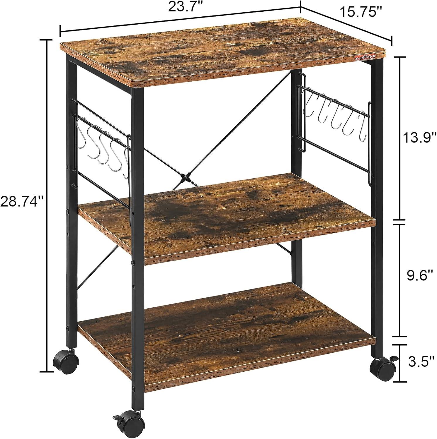 Rustic Brown 3-Tier Rolling Kitchen Utility Cart with Storage