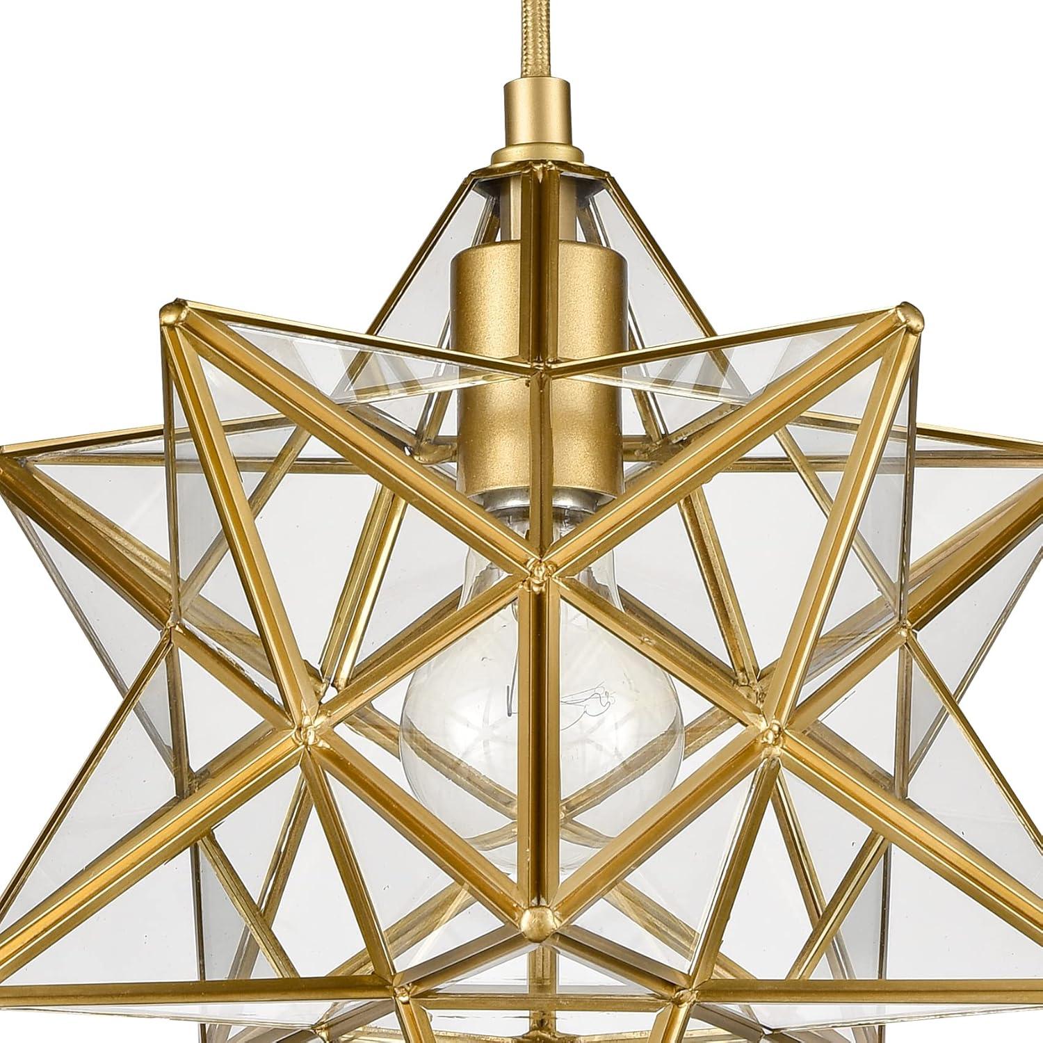 Modern Moravian Star Gold Finish Pendant Clear Glass Hanging Brass Star Light