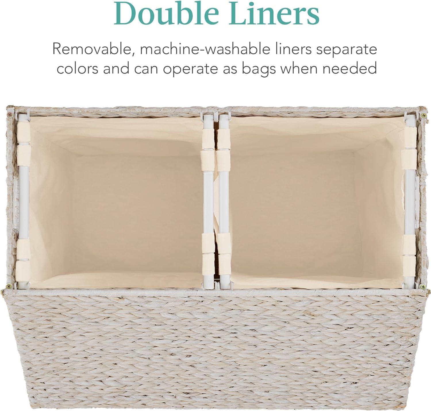 Best Choice Products Large Natural Water Hyacinth Double Laundry Hamper Basket w/ 2 Liner Bags, Handles