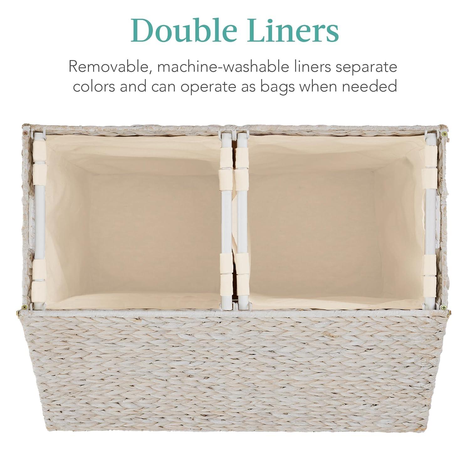Best Choice Products Large Natural Water Hyacinth Double Laundry Hamper Basket w/ 2 Liner Bags, Handles - White