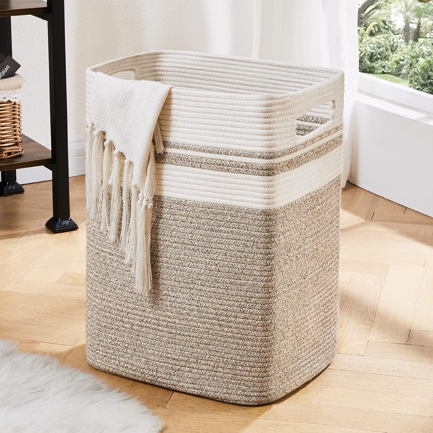 Large Beige and White Cotton Collapsible Laundry Hamper