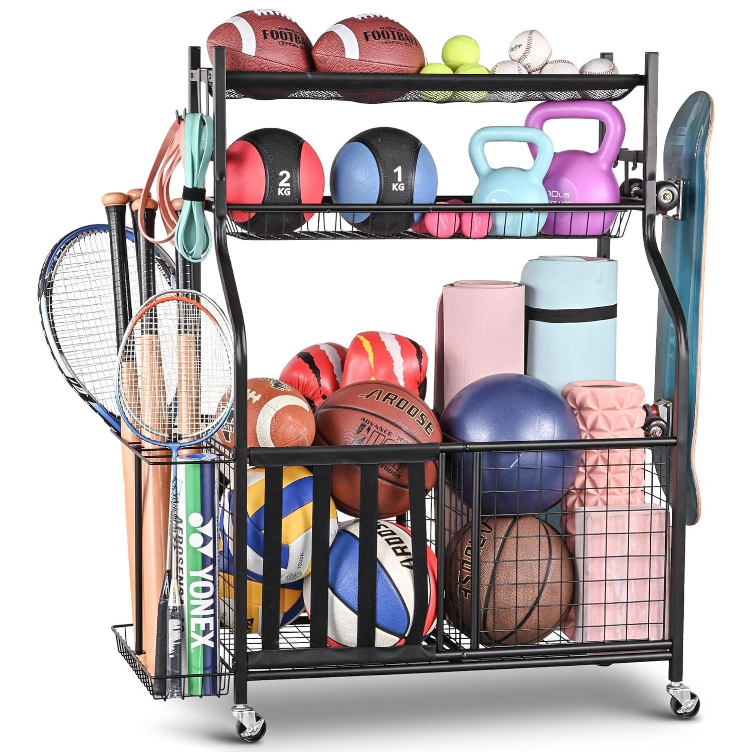 Mythinglogic Garage Storage System, Garage Organizer with Baskets and Hooks, Sports Equipment Organizer for Sports Gear/Toys,Garage Ball Storage