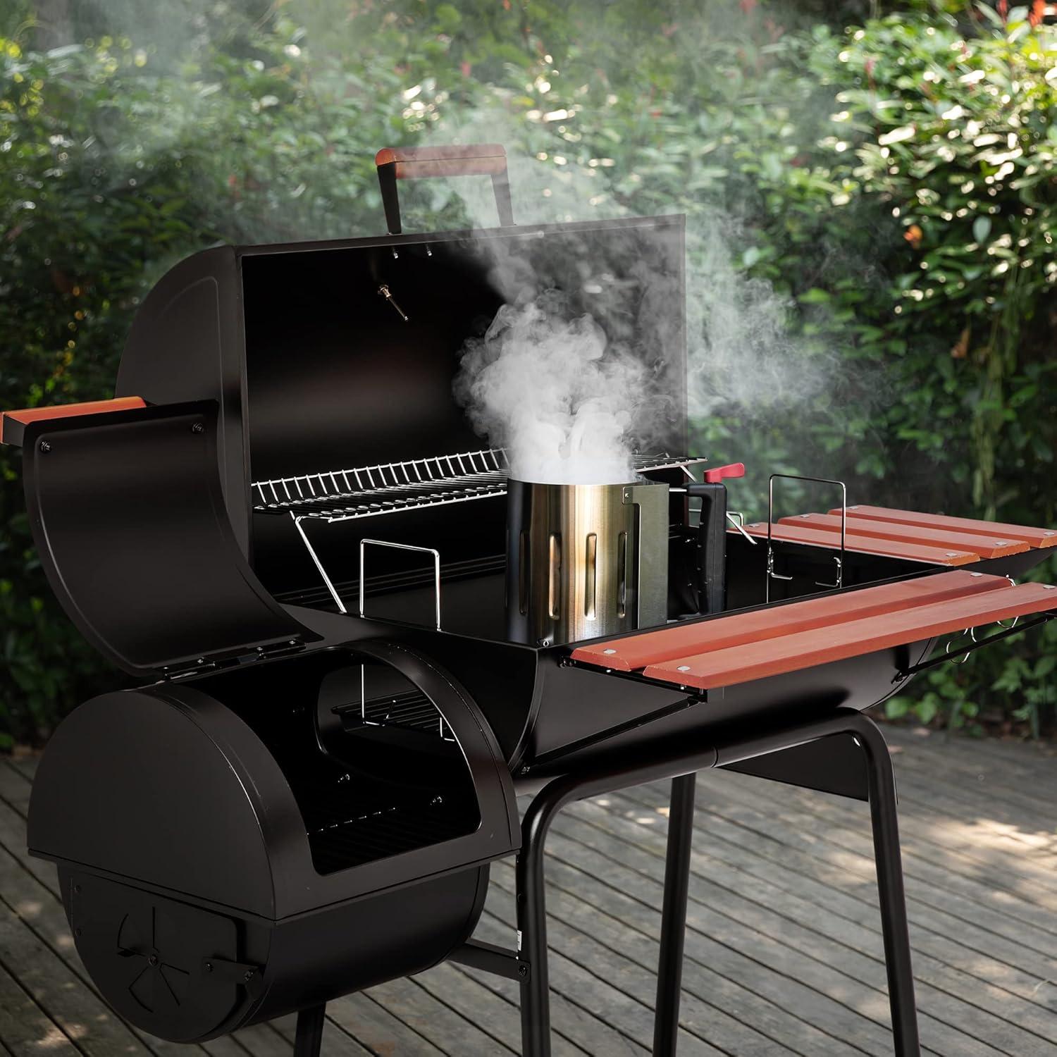 Royal Gourmet 30" Barrel Charcoal Grill with Smoker and Side Table