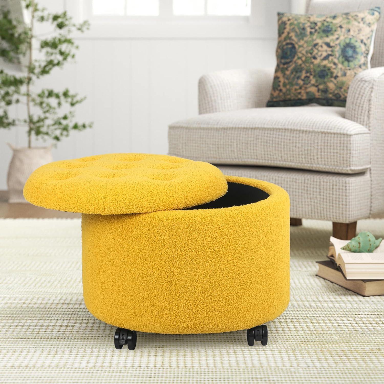 Round Storage Ottoman with Casters, Teddy Velvet Button Tufted Foot Rest Stool for Living Room Bedroom