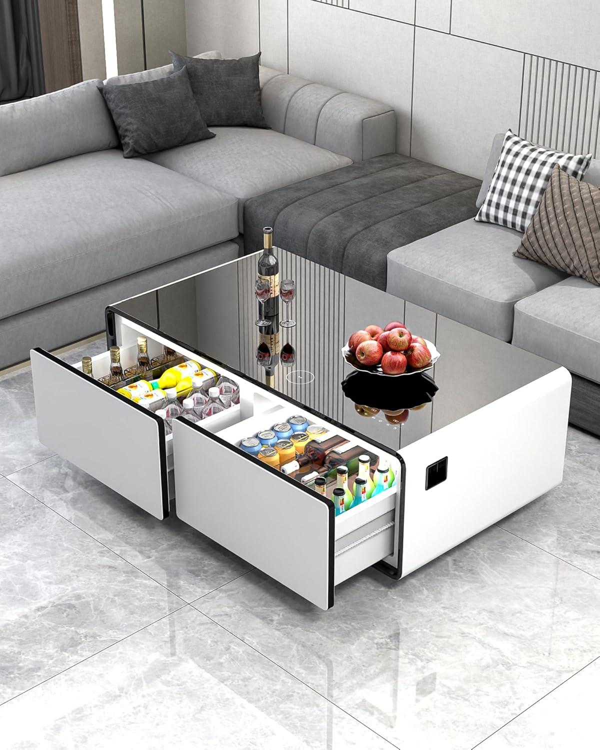 Livtab Smart Coffee Table with Built-in Fridge, Bluetooth Speakers, Wireless Charging, USB Ports and Outlets, Panel, LED Lights for Living Room, White