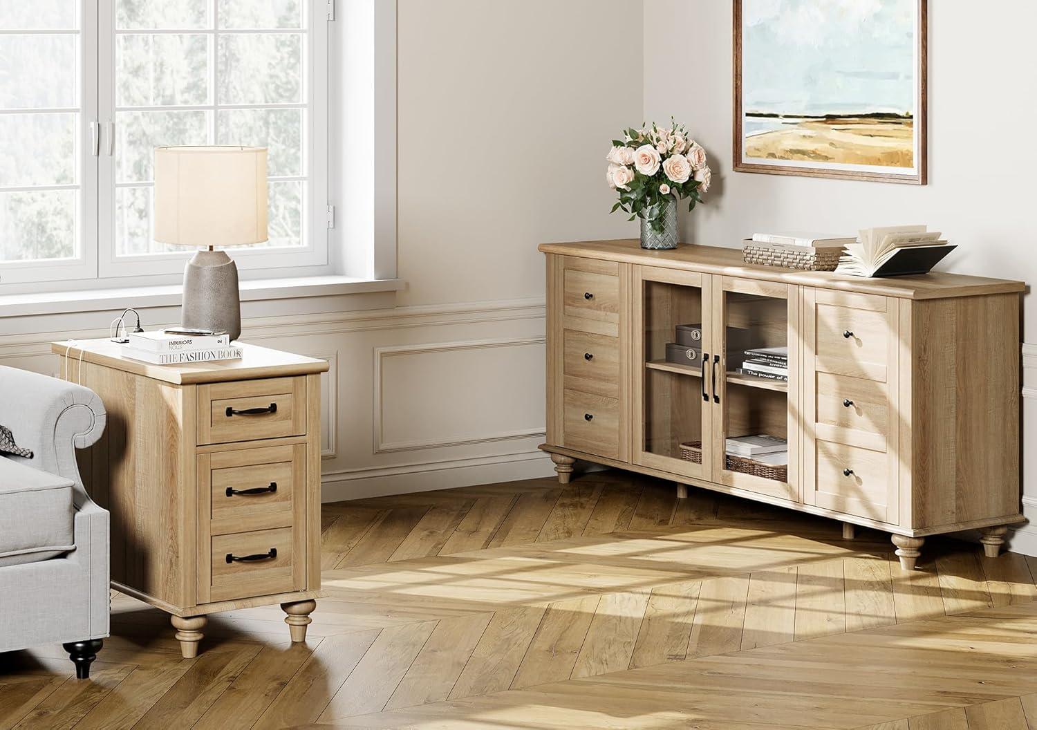 WAMPAT Farmhouse End Table with Charging Station, Light Wood Sofa Side Table with Storage Cabinet, Narrow Night Stand Bedside Table with Drawer for Living Room, Bedroom, Oak