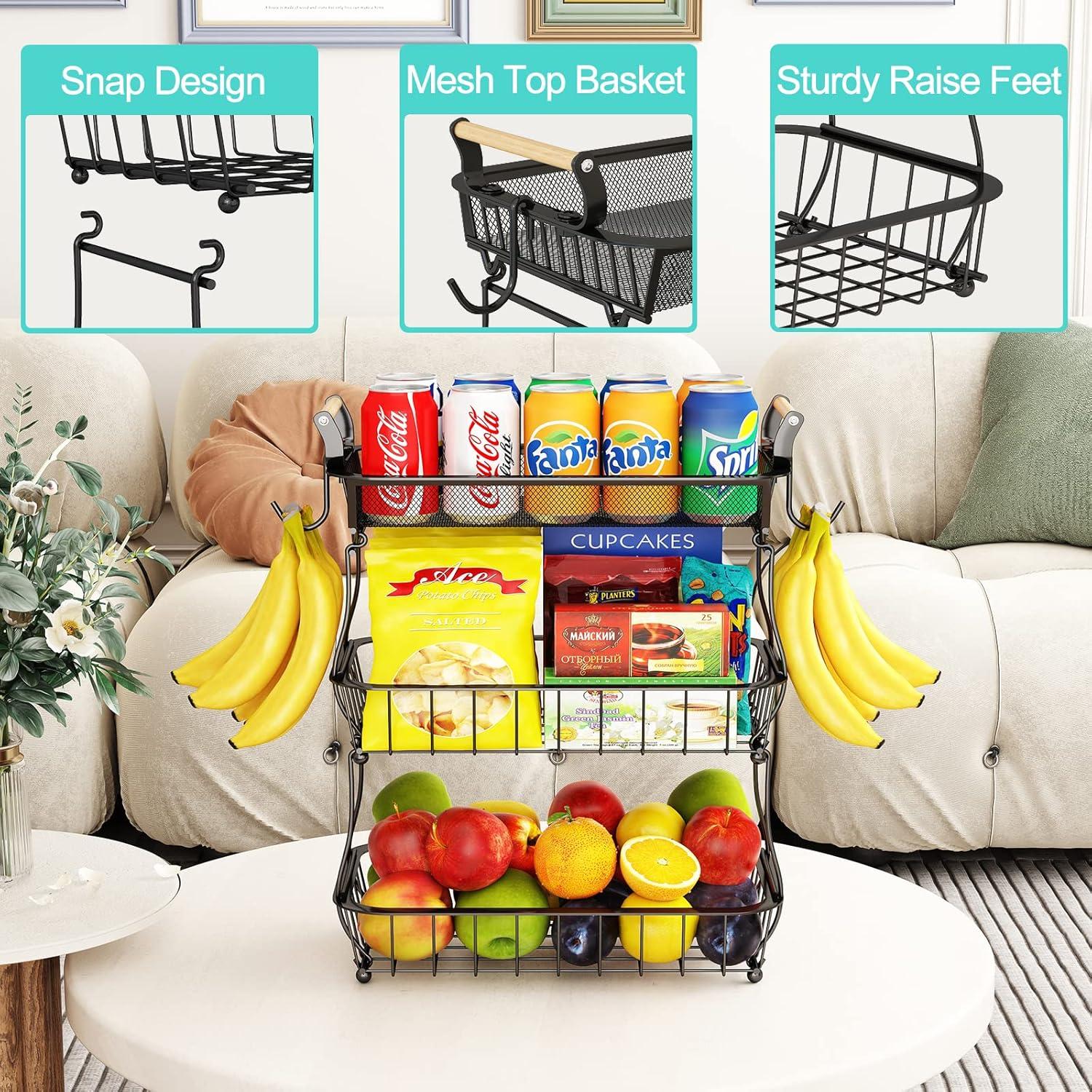 Black Metal 3-Tier Fruit Basket with Banana Hangers