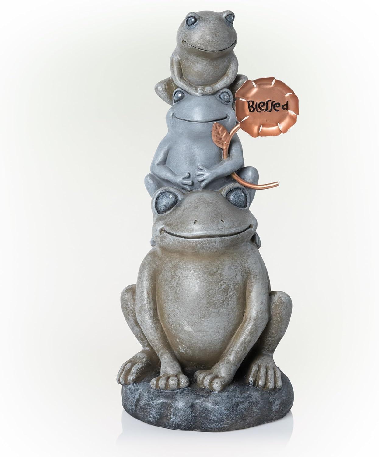 18" Polyresin Stacked Frogs with Flower Indoor/Outdoor Decorative Garden Statue Heathered Gray/Olive Green - Alpine Corporation