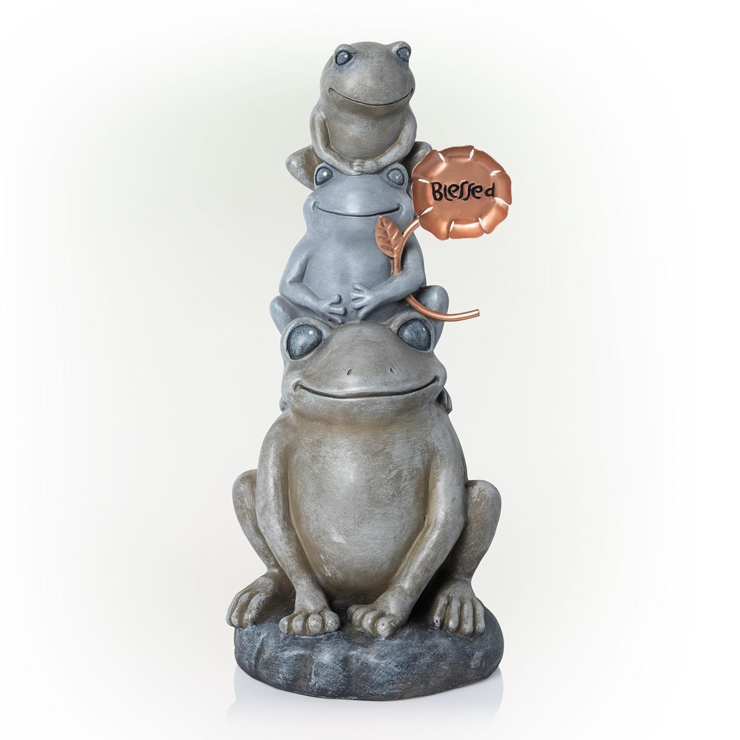 18" Polyresin Stacked Frogs with Flower Indoor/Outdoor Decorative Garden Statue Heathered Gray/Olive Green - Alpine Corporation
