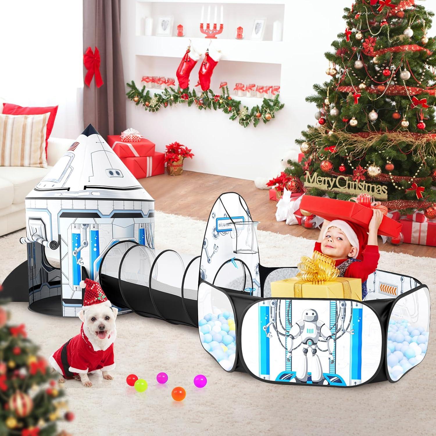 Rocket Ship Kids Play Tent: 3Pcs Toddlers Pop Up Ball Pit and Play Tunnel for Indoor Outdoor, Spaceship Baby Playhouse Toys for 1-3 Year Old Boys Girls (3 in 1 Kids Tent)