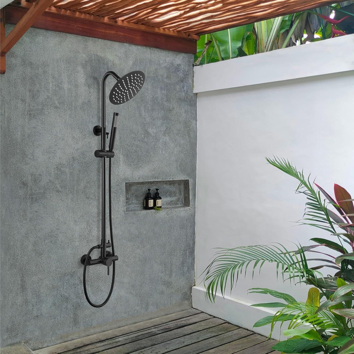 gotonovo SUS304 Outdoor Shower Fixture High Pressure Shower System Wall Mount 2 Dual Function Single Handle Shower Kit with 8 Inch Shower Head and Handheld Spray Shower Faucet Combo, Matte Black