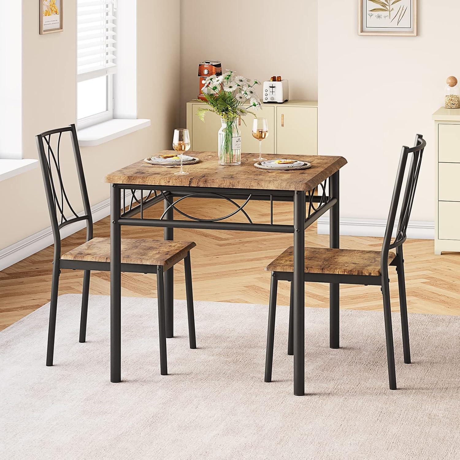 Rustic Brown Square MDF and Metal Dining Table Set with 2 Chairs