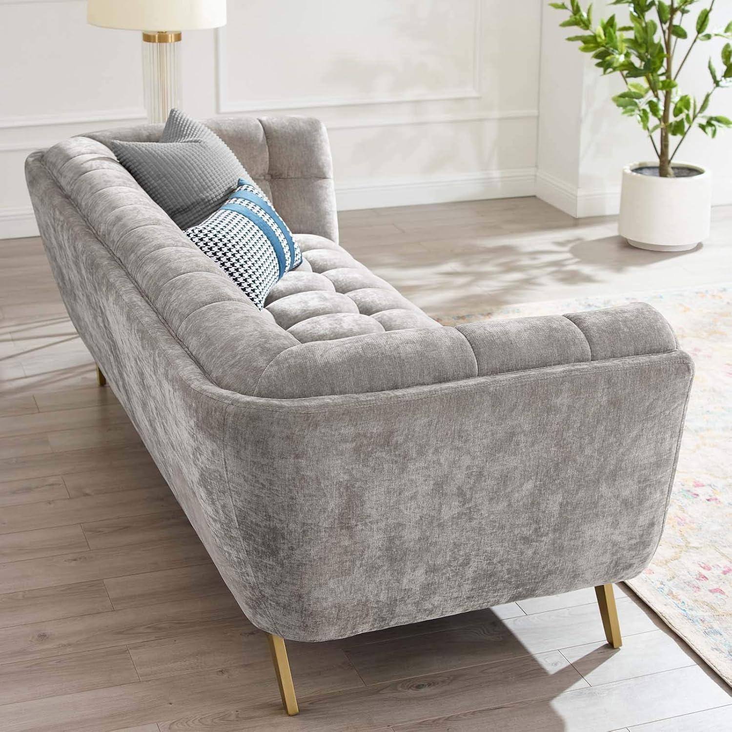 Modway Bestow Crushed Performance Velvet Sofa in Light Gray & Gold