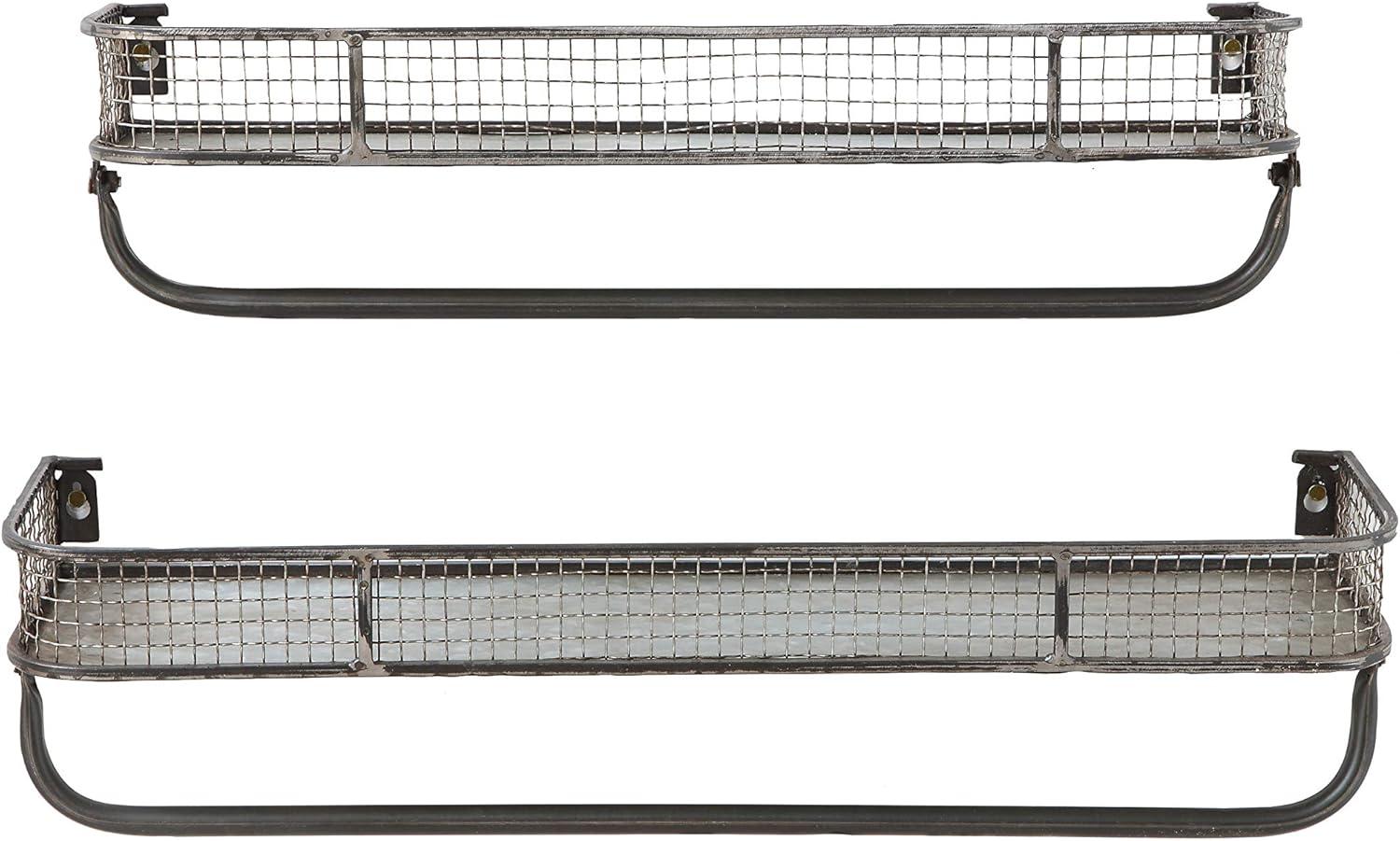 Gray Iron Floating Wall Shelves with Hanging Bar, Set of 2