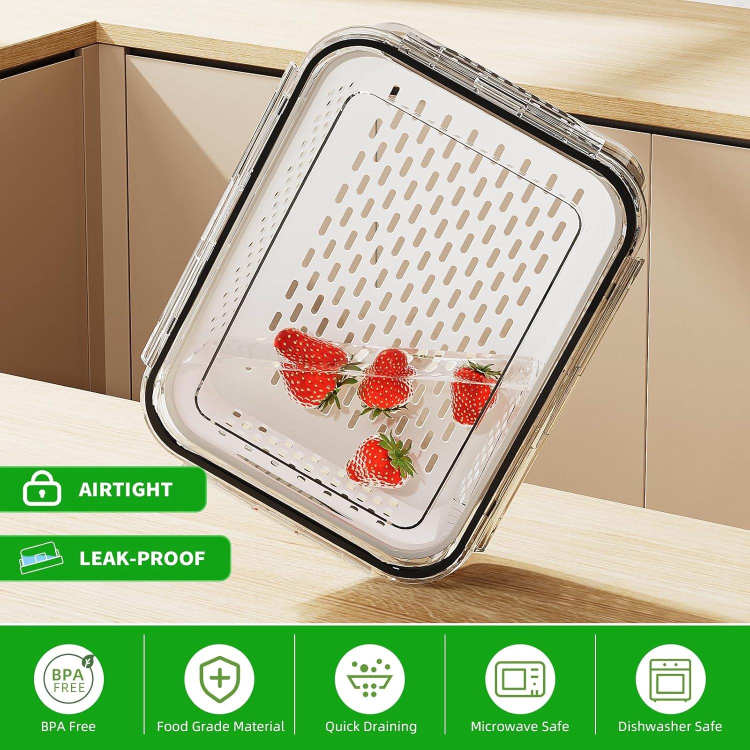 6 Pack Fruit Storage Containers for the Fridge with vent holes and handles， Airtight Food Storage Containers Keep Fruits, Vegetables, Berry, and Meat Fresh longer, BPA-free Fridge Storage Container