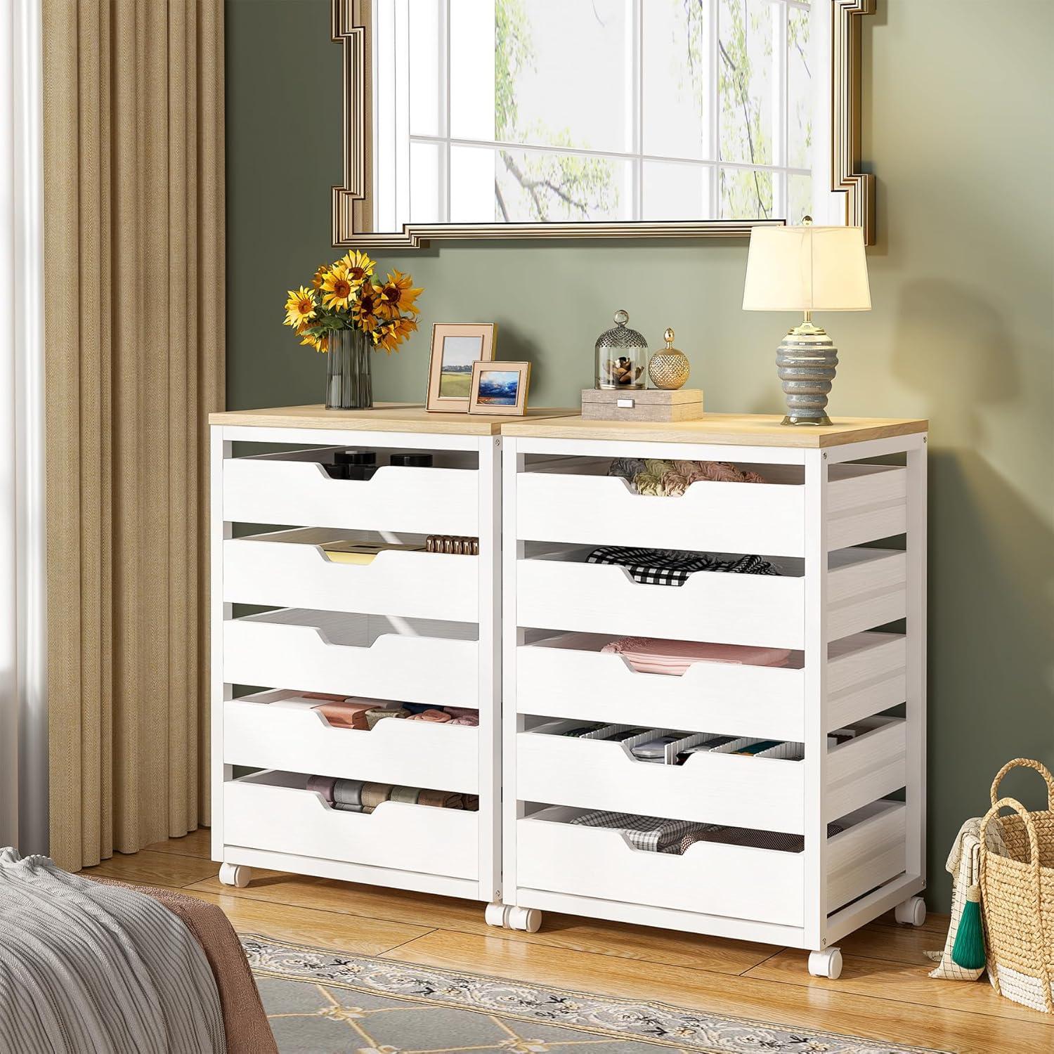 White 5-Drawer Wood Storage Cabinet with Casters