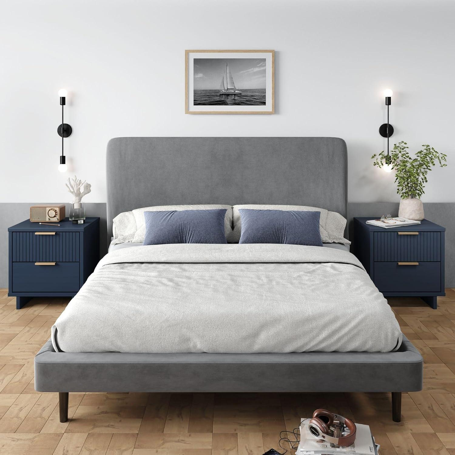 Granville Modern 2 Drawer Nightstand Midnight Blue - Manhattan Comfort: Soft Close, UV Finish, Metal Handles
