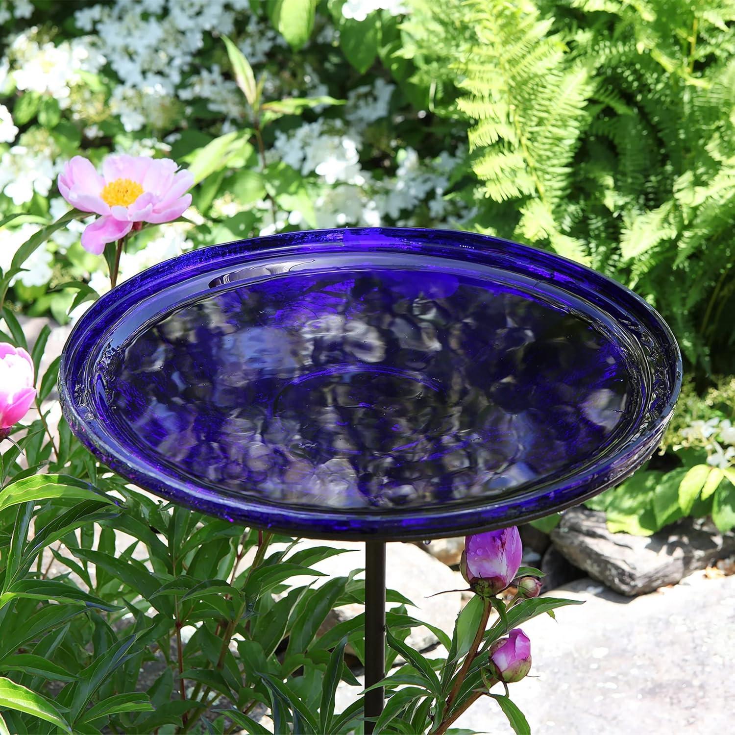 Achla Designs Crackle Glass Birdbath Bowl with Stake, 14-in, Cobalt Blue