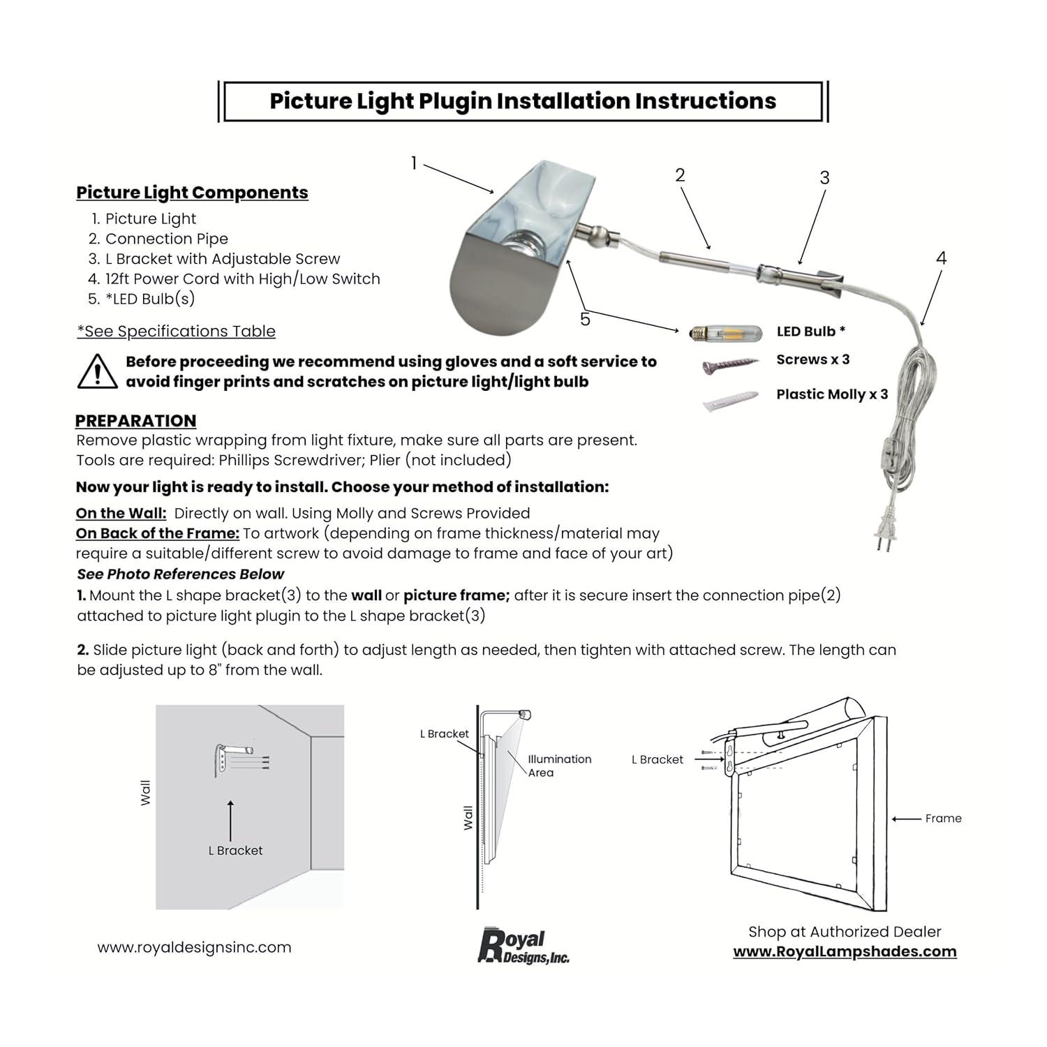 Royal Designs 8.75'' Dimmable Wall Mounted Picture Light