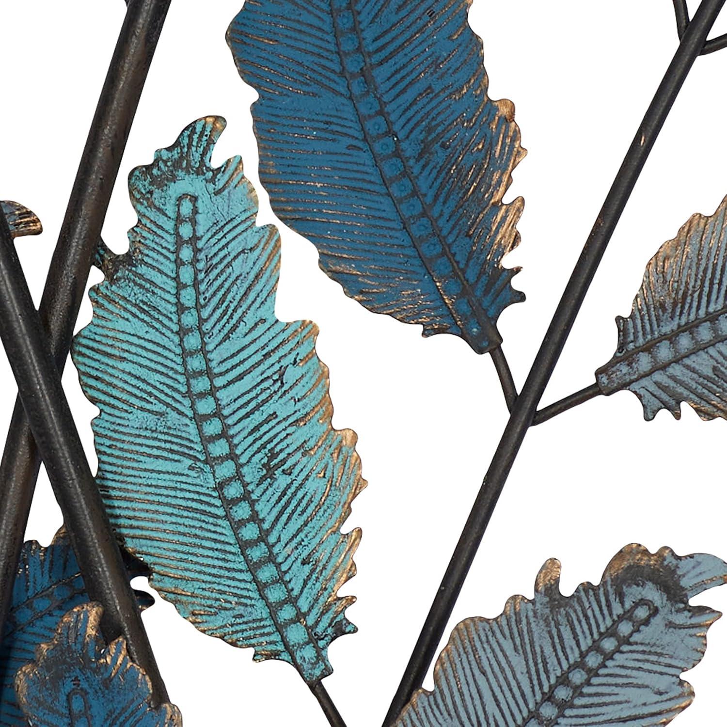 DecMode Blue Metal Leaf Wall Decor with Gold Accents