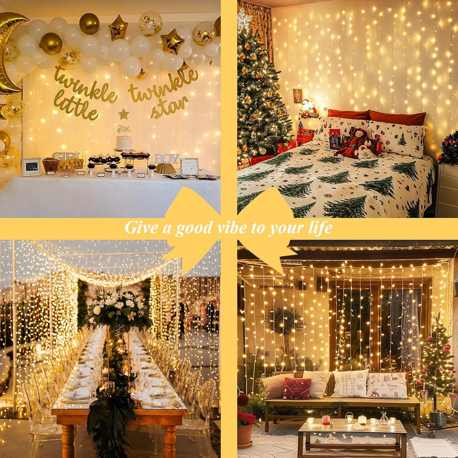 Warm White and Multicolor 300 LED Curtain Fairy Lights