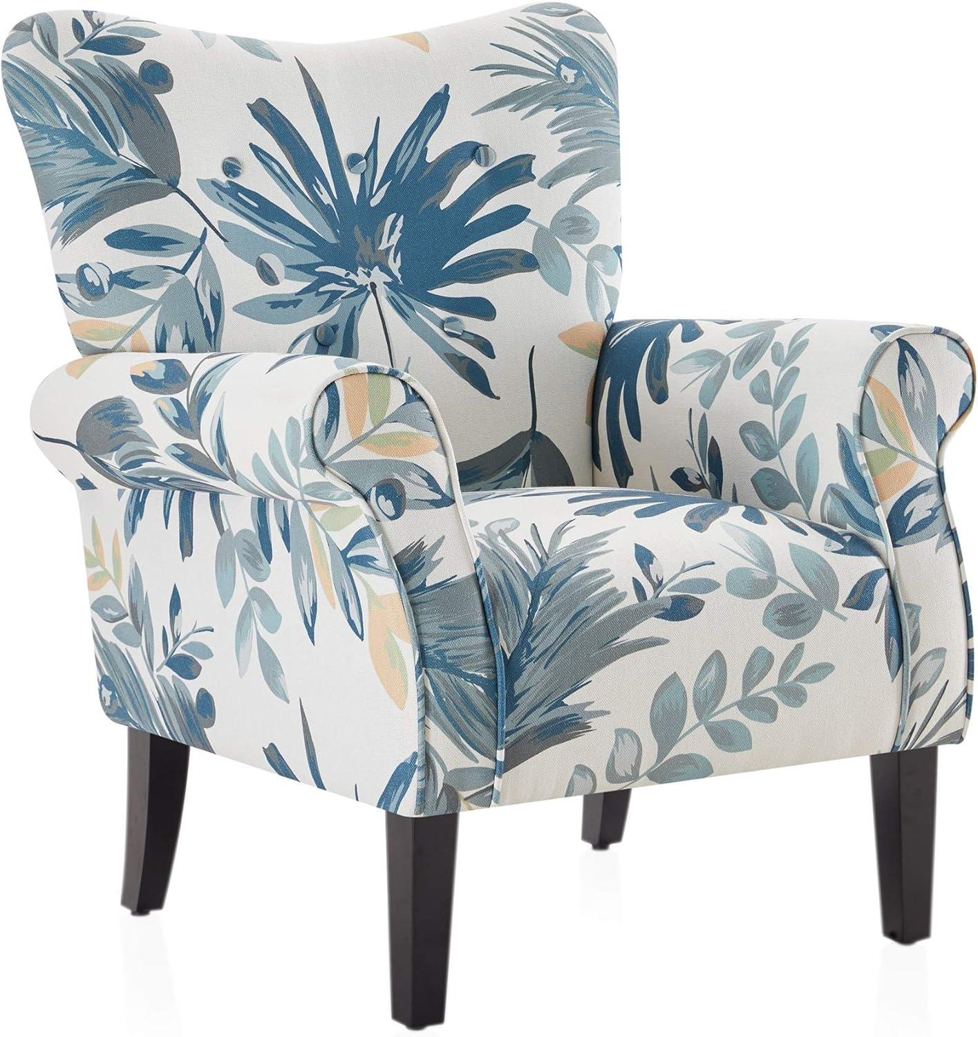 Blue Floral Wingback Accent Chair with Dark Wood Legs