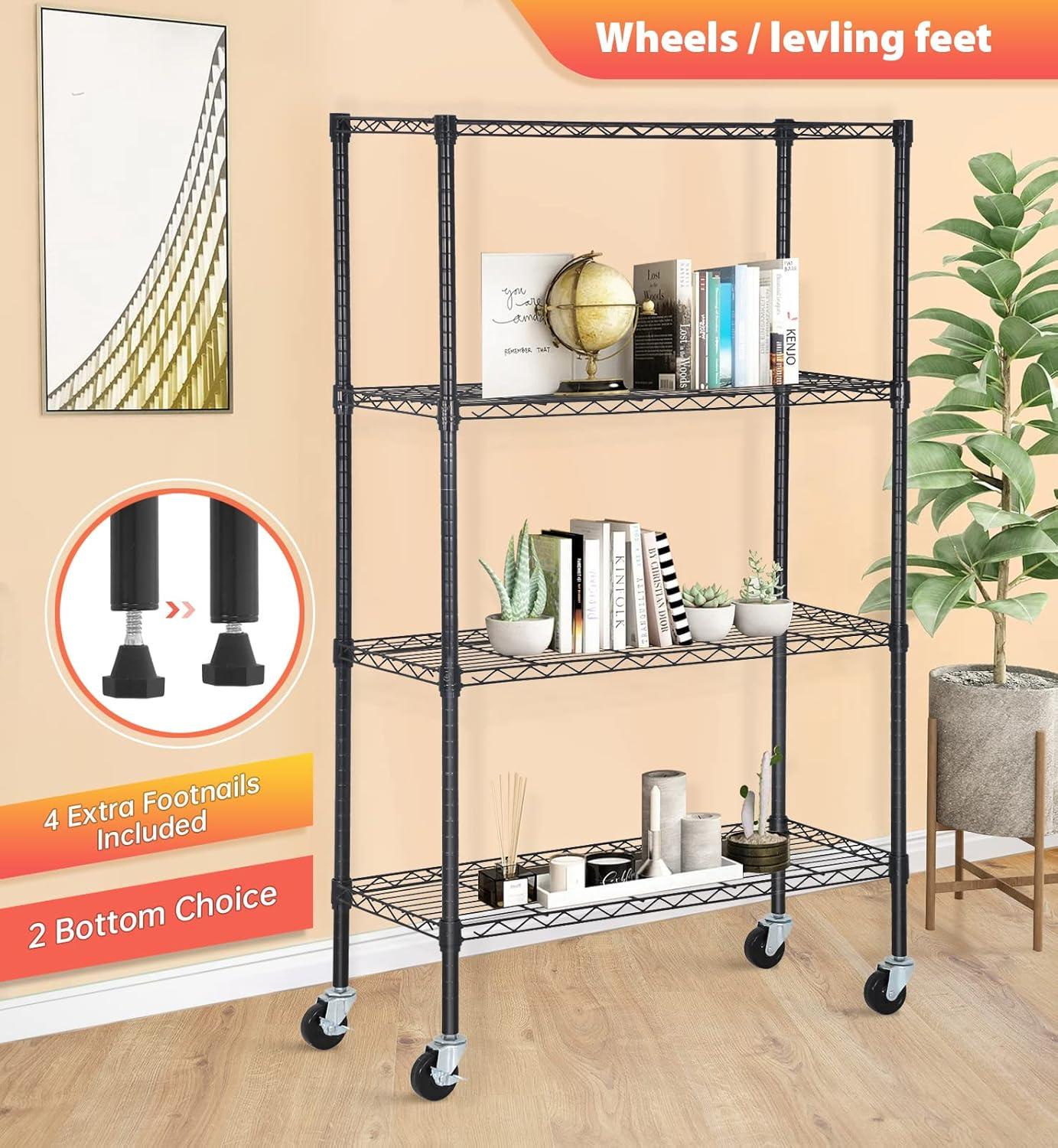Killeryuki Chrome Storage Shelves, 4-Tier Wire Shelving with Wheels Adjustable Storage Shelves 500lbs Capacity Metal Shelf 36L x 14W x 62H for Office Garage Kitchen Basement Bedroom