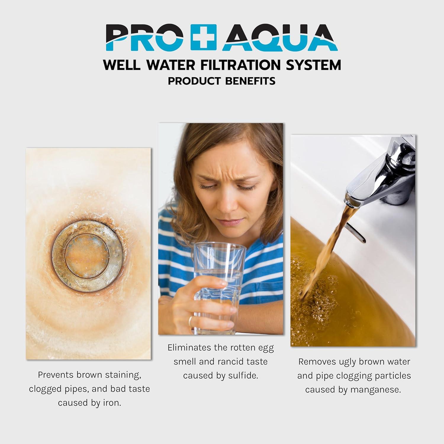 PRO+AQUA Whole House Filter System For Well Water, High Capacity, Proven Contaminant Removal, Auto-Clean, Small Footprint, Zero Water Pressure Drop, US Customer Support, 5 Year Warranty, Built in USA