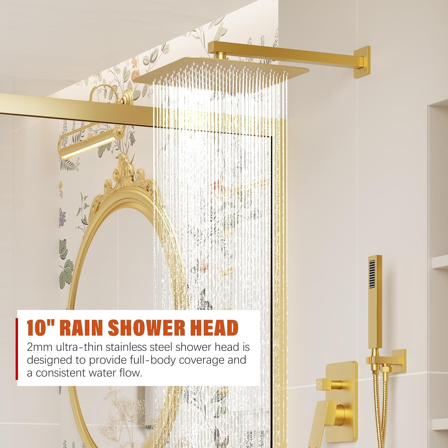 Brushed Gold Wall Mounted Rain Shower System with Handheld