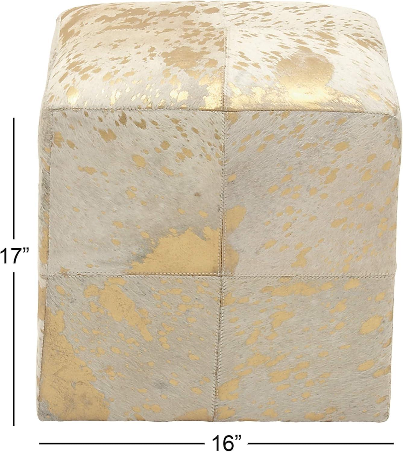 DecMode 16" x 17" Gold Leather Handmade Stool with Gold Foil Paint, 1-Piece