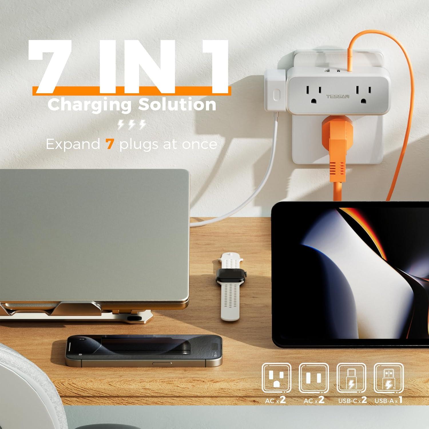 Surge Protector Outlet Extender, TESSAN Multi Plug Splitter with 4 Electrical Outlets 3 USB Ports(1 USB C), Multiple Plug Mini Wall Expander for Home Bathroom Office Dorm Room Essentials