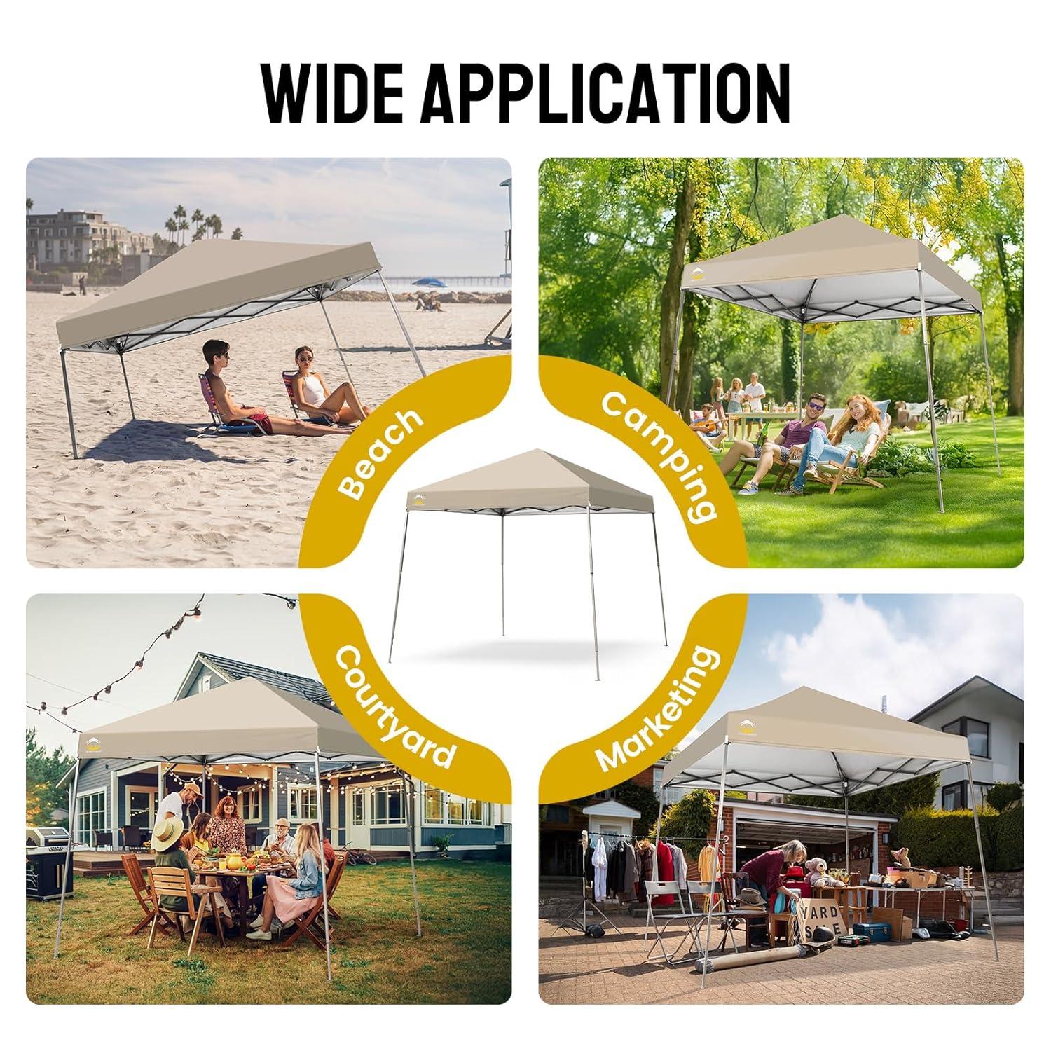 CROWN SHADES 6.5x6.5 Pop up Canopy Tent, Slant Leg Pop Up Beach Tent, 3 Height, Base 8x8 ft, Top 6.5x6.5 ft, Outdoor Canopy with Carry Bag, Beige