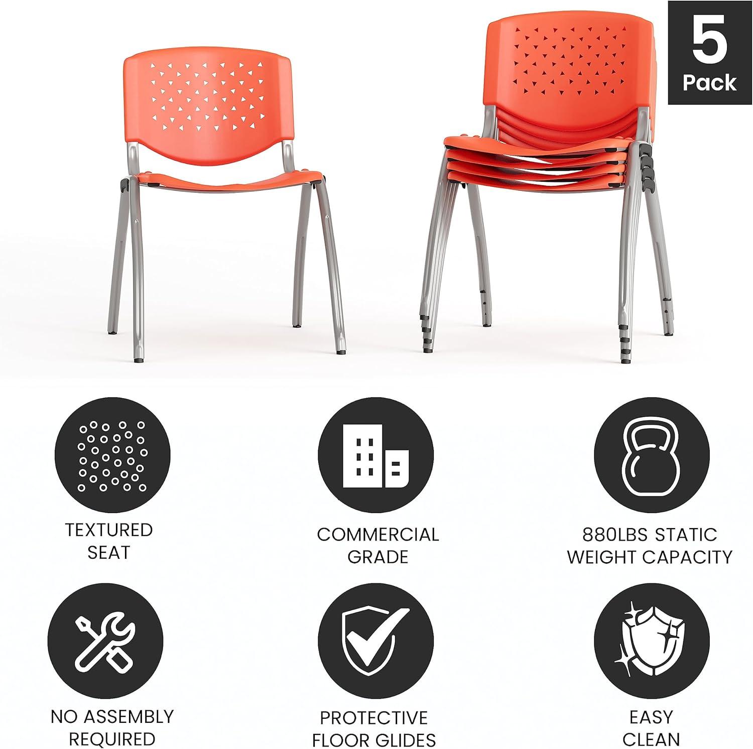 Flash Furniture 5 Pack HERCULES Series 880 lb. Capacity Orange Plastic Stack Chair with Titanium Gray Powder Coated Frame