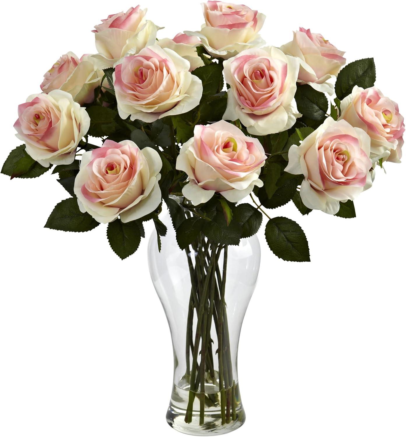 Light Pink Blooming Roses in Glass Vase with Faux Water