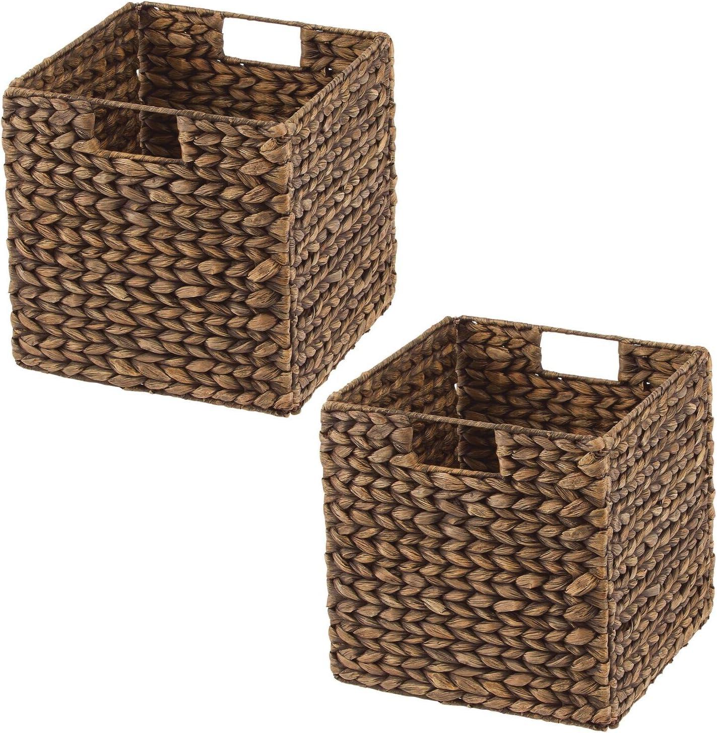 mDesign Hyacinth Woven Cube Bin Basket Organizer, Handles, 2 Pack, Brown Wash