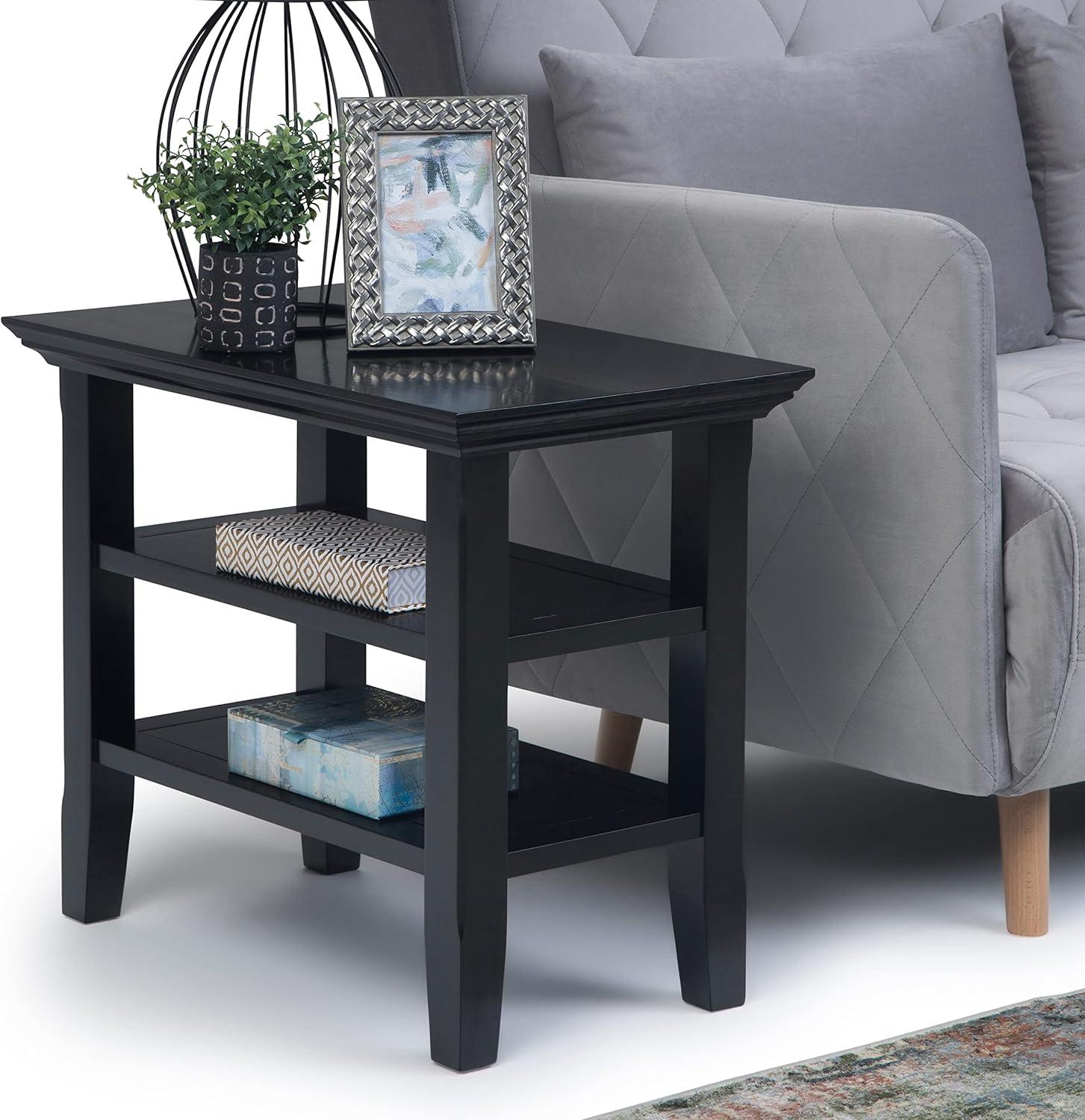 Simpli Home Acadian Wood 14" Rectangle Transitional Narrow Side Table in Black