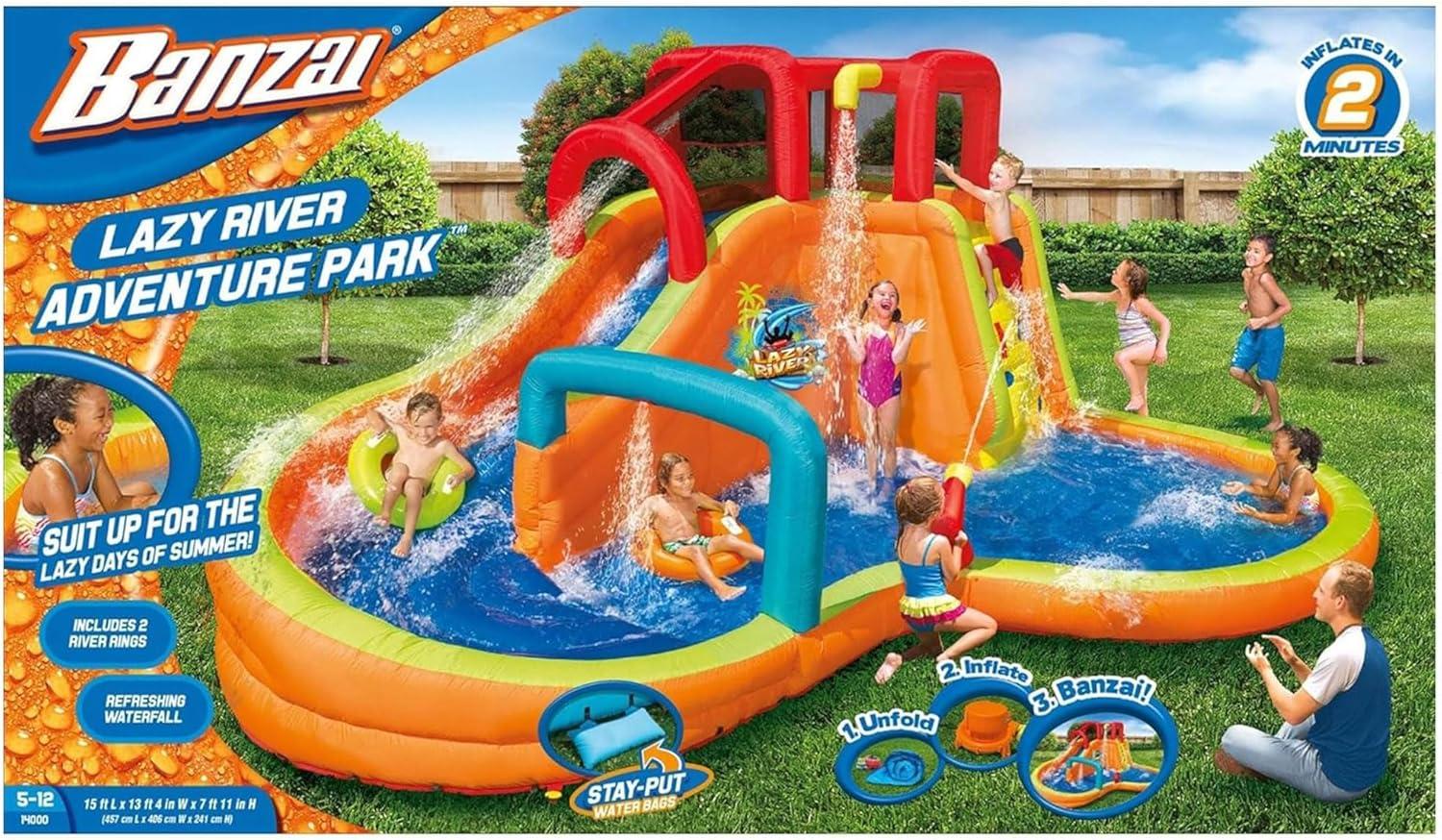 Banzai Banzai Kids Inflatable Outdoor Lazy River Adventure Water Park Slide and Pool